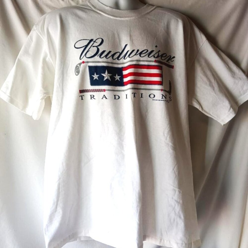 Men's White American Flag Golf Budweiser T Shirt Size XL NWOT